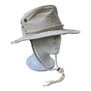 Vintage Lands' End 100% Cotton Cream Green Wind Lanyard Brimmed Sunhat Unisex M
